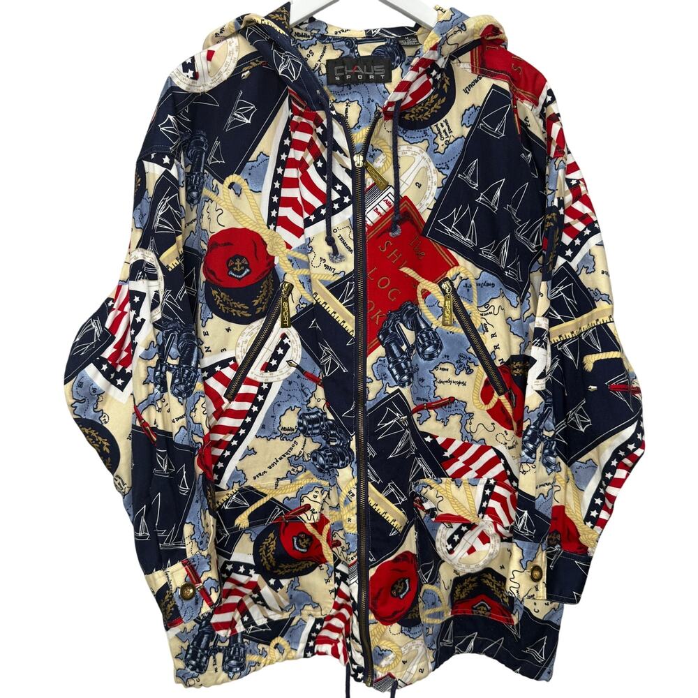 Vintage Chaus All Over Print Zip Hooded Jacket Size M Americana Maps Red Blue